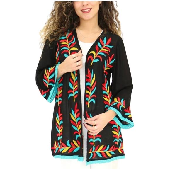 Shoreline 1X Plus Black Sheer Cardigan Coverup Floral Embroidered Beach Boho - Picture 1 of 9
